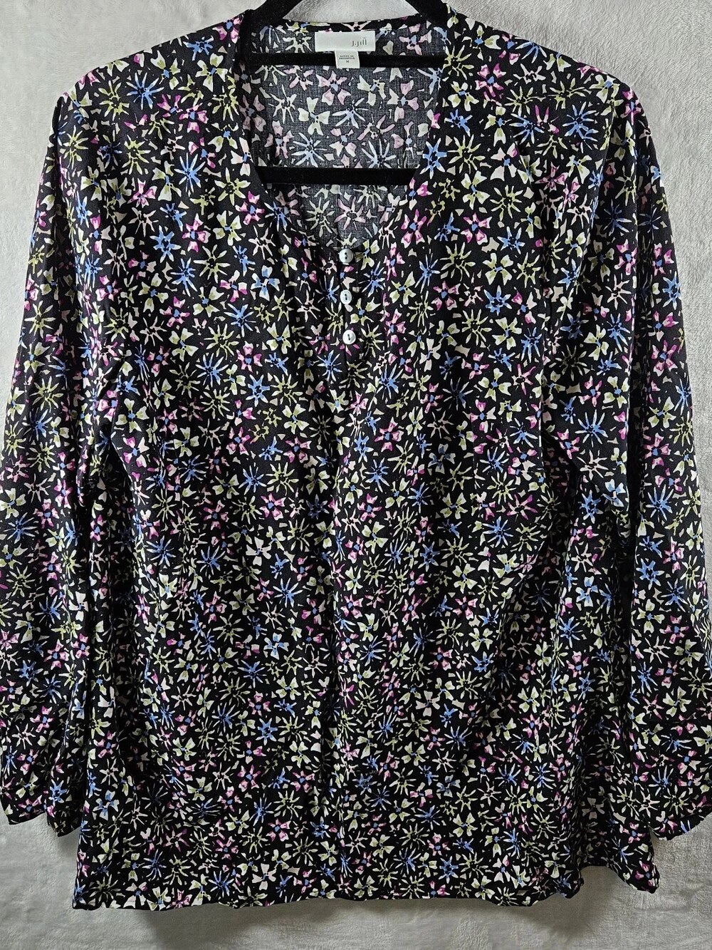 J.Jill Blouse Long Sleeve Button-Front Floral Print Black Women's Size Medium